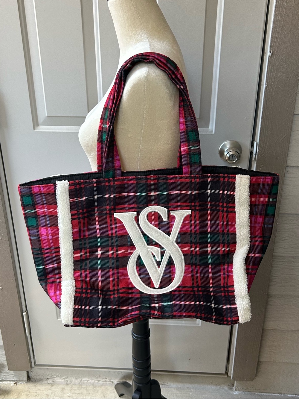Victoria's Secret Large Plaid Tote Bag with Sherpa Trim